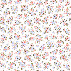 Vintage floral background. Seamless vector pattern for design and fashion prints. Flowers pattern with small pink and blue flowers on a white background. Ditsy style.