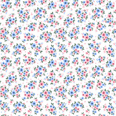 Vintage floral background. Seamless vector pattern for design and fashion prints. Flowers pattern with small pink and blue flowers on a white background. Ditsy style.