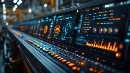Obraz premium A detailed control panel featuring glowing buttons and displays, used in a modern industrial setting for monitoring and operations.