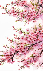 Fototapeta premium Pink cherry blossoms in full bloom, with a few buds still closed, on a branch against a soft, cloudy sky.