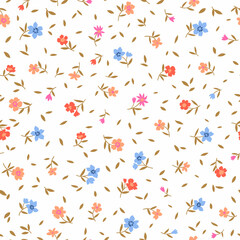 Vintage floral background. Seamless vector pattern for design and fashion prints. Flowers pattern with small coral, blue and red flowers on a white background. Ditsy style.