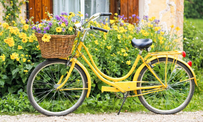 Fototapeta premium A bright yellow bicycle rests by a quaint cottage adorned with blooming flowers, capturing the essence of springtime in a serene countryside setting.