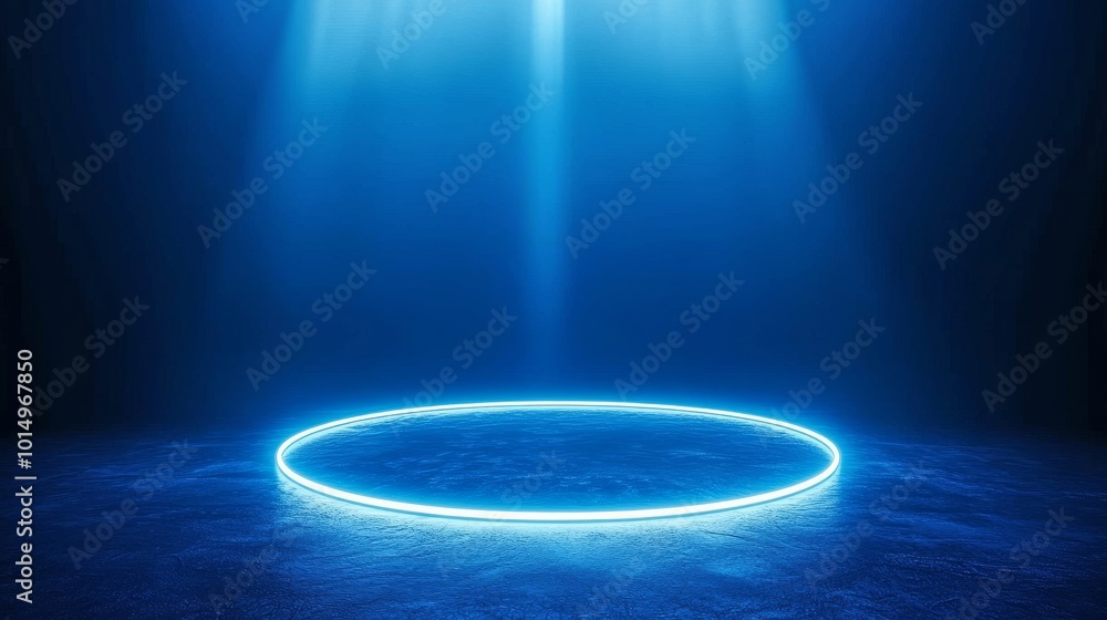 Wall mural Blue technology background, a light ring around the center of the stage, a high-end atmosphere and technological sense, a circular shape with white glowing lines on top, a dark blue tone, high resolut