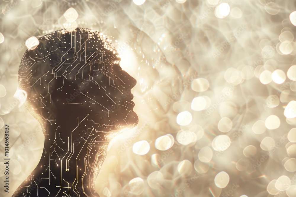 Poster a person with a circuit board attached to their head, suitable for tech-related or futuristic concep