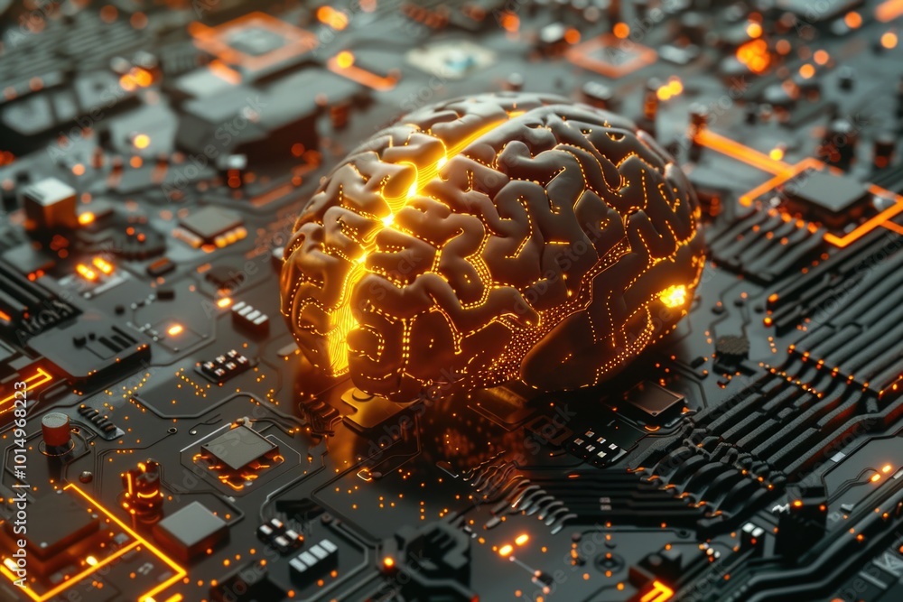 Poster a futuristic computer motherboard with a glowing brain component