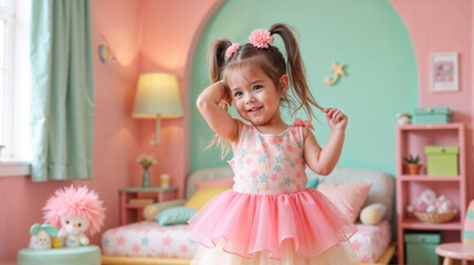 Fototapeta premium Cheerful young girl stands confidently her colorful bedroom, wearing vibrant, tiered dress. Room features pastel decorations, patterned bedspread, and bright accents that enhance playful atmosphere