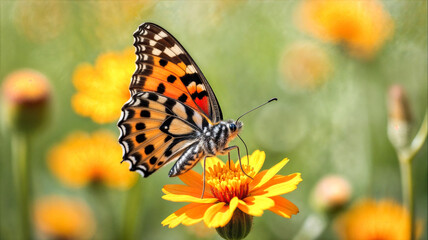 Obraz premium A colorful butterfly is perched on a pink flower, delicately sipping nectar under the warm sunlight of a spring day, surrounded by lush greenery.