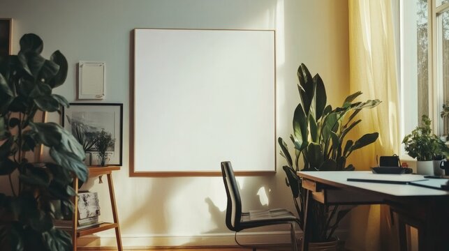 A large white poster mockup hanging on a bright wall, perfect for displaying graphic designs or motivational quotes in a workspace.