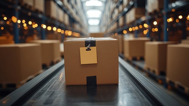 A cardboard box sits on a conveyor belt in a warehouse, surrounded by shelves stacked with more boxes under soft, glowing lights.