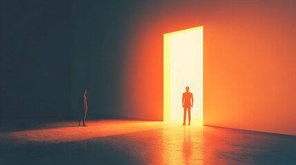 Figures Standing Before Open Door of Light,Symbolic of New Opportunities