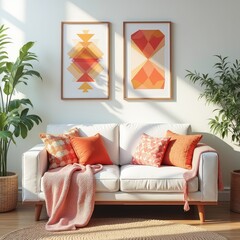 Bright lounge with coloured pillows and paintings