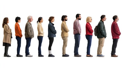 Diverse Group of People Waiting in Line with Various Expressions of Expectation