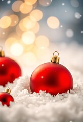 Red Christmas Ornaments in Fluffy Snow with Falling Snowflakes and White Bokeh Lights