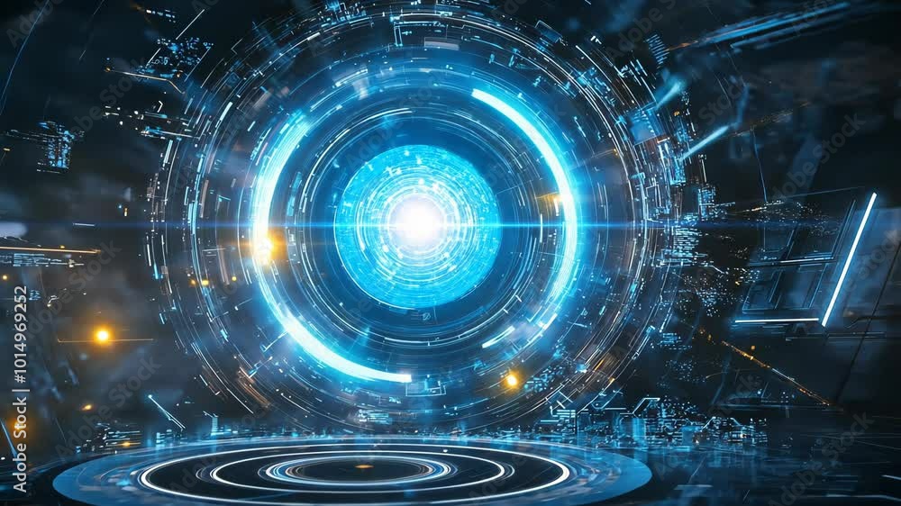 Poster a glowing blue circle with a bright light in the center surrounded by lines and patterns on a dark b