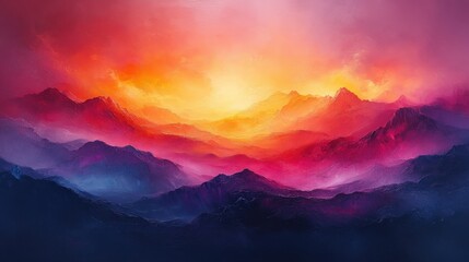 Abstract landscape painting with vibrant colors, positioned from an upward angle to show depth and scale. The background is a gallery wall with subtle lighting 