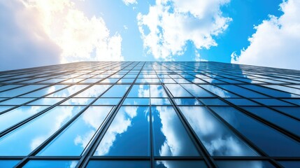 A sleek modern office building with glass windows reflecting the sky, photographed from a low angle, capturing its architectural perspective.