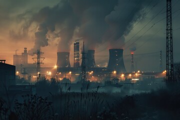 A factory with visible emissions from its stacks