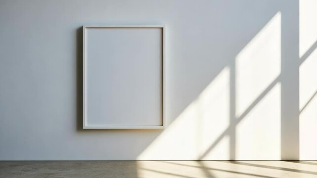 A blank white frame hangs on a white wall in a room with a window casting a shadow on the wall