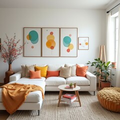 Bright lounge with coloured pillows and paintings