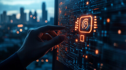 Businessman pointing at AI icons with digital interface overlay on blurred city background. Concept of business strategy and technology driven network.