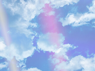 beauty sweet pastel blue and pink colorful with fluffy clouds on sky. multi color rainbow image. abstract fantasy growing light