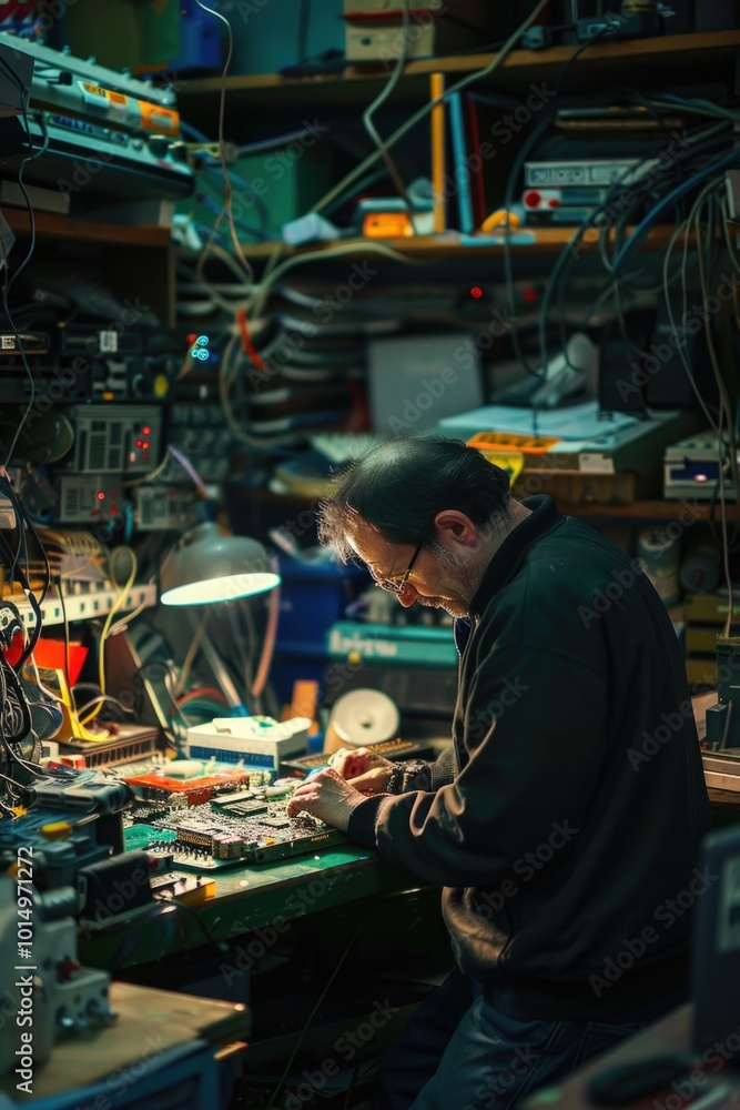 Poster man working on electronics in a workshop