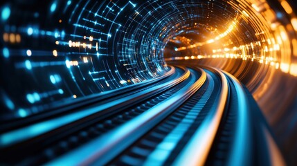 Documentary-Style Capture of an Abstract Tunnel Symbolizing the Future of Digital Technology, Featuring Sleek Lines and Glowing Light Patterns that Represent Information Flow and Connectivity.