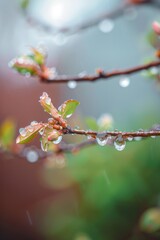 A natural scene of a tree branch with water droplets glistening in the sunlight, suitable for use as a background or texture
