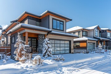 Modern Two-Story Home in Snowy Okanagan Springs, BC with Clear Blue Sky and Garage