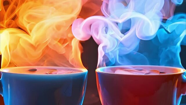 Two colorful cups with steam rising from them, forming heart shapes in the air, creating a warm and romantic atmosphere.