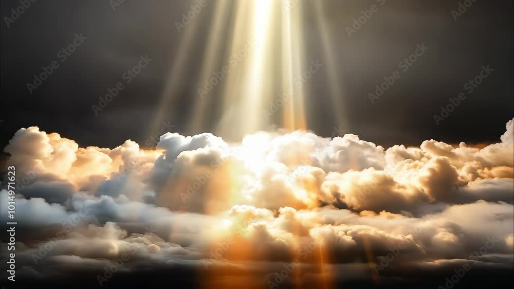 Poster dramatic clouds illuminated by beams of light, creating a striking and serene atmosphere.