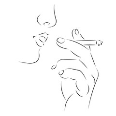 One continuous single drawing line art doodle girl, cigarette, smoke, woman, face, fashion, lip. Isolated flat illustration hand draw contour on a white background
