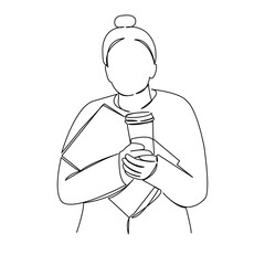 One continuous single drawing line art doodle student, female, girl, woman, coffee. Isolated flat illustration hand draw contour on a white background
