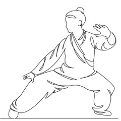 One continuous single drawing line art doodle qigong, chinese, exercise, people, health, sport, concentration, spirituality. Isolated flat illustration hand draw contour on a white background
