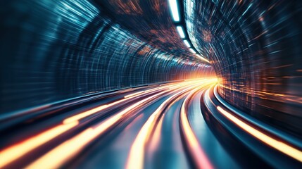 Documentary-Style Capture of an Abstract Tunnel Symbolizing the Future of Digital Technology, Featuring Sleek Lines and Glowing Light Patterns that Represent Information Flow and Connectivity.