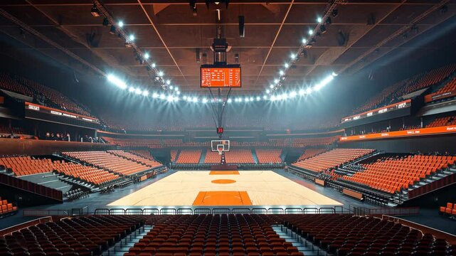 An empty basketball arena with orange seats awaits the excitement of a game