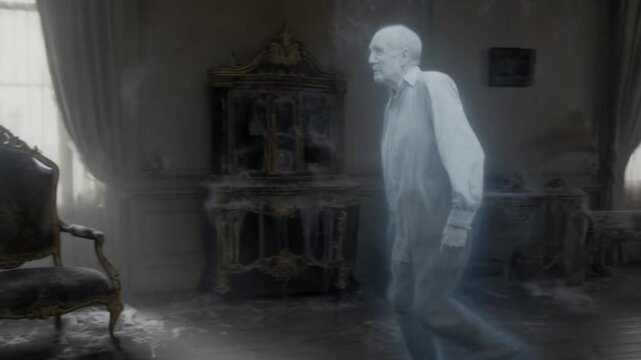 Haunted House Ghost.  Generated video.  An animated video of an old man&rsquo;s ghost walking through a ruined living room in a haunted house.
