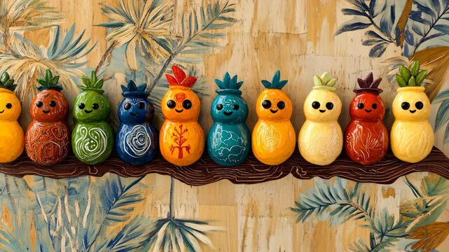 A row of colorful pineapple figurines sit on a wooden branch, against a backdrop of painted palm leaves