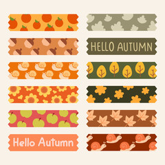 Autumn Themed Washi Tape Patterns Set for Scrapbooking.Hello Autumn Decorative Washi Tape with Cute Fall Designs.