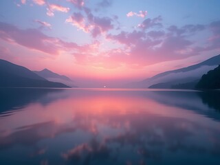 A breathtaking sunset fills the sky with soft pink and purple hues, reflecting beautifully on the calm lake below