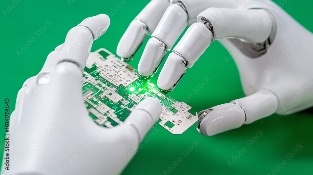 Poster robotic hands inspecting a circuit board under a green light in a technology workshop