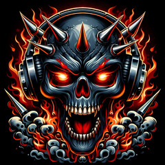 Fiery Demon with Headphones Intense Music Vibes