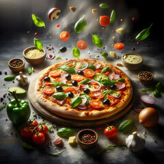 Fresh Ingredients Hovering Over Perfectly Baked Pizza in Motion