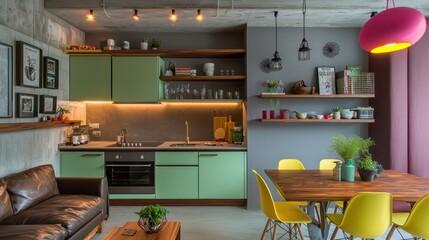 Sleek flat with mint green kitchen cabinets, wooden shelves, pearl grey walls, magenta lighting, chocolate sofa, and lemon dining chairs
