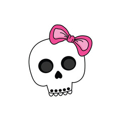 Cute Kawaii skull with a pink bow on its head on a white background.