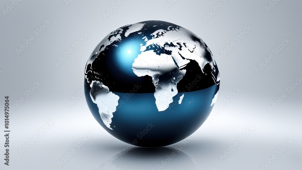 Poster a 3d globe representation highlighting continents and oceans with a sleek design.
