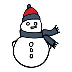 Doodle illustration of a snowman wearing a Santa hat and a blue scarf on a white background.