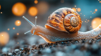 Big snail in shell crawling on road, summer day in garden, A common garden snail climbing on a stump, edible snail or escargot, is a species of large, edible, air-breathing land.