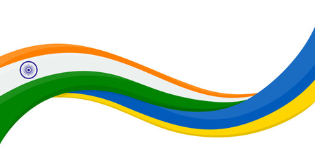 Wavy ribbon banner of Ukraine National flag with India National Flag. Unity and cooperation symbol. Logo for charity social events, NGO, sports team, peace summit. Vector illustration.
