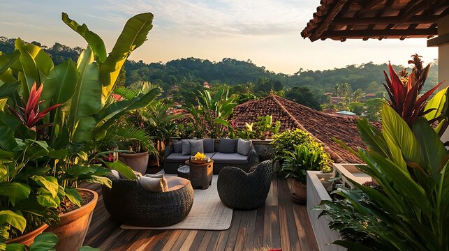 A rooftop terrace garden for a tropical home, filled with large potted plants like elephant ears and frangipani, with cozy seating areas and stunning views of the surrounding landscape